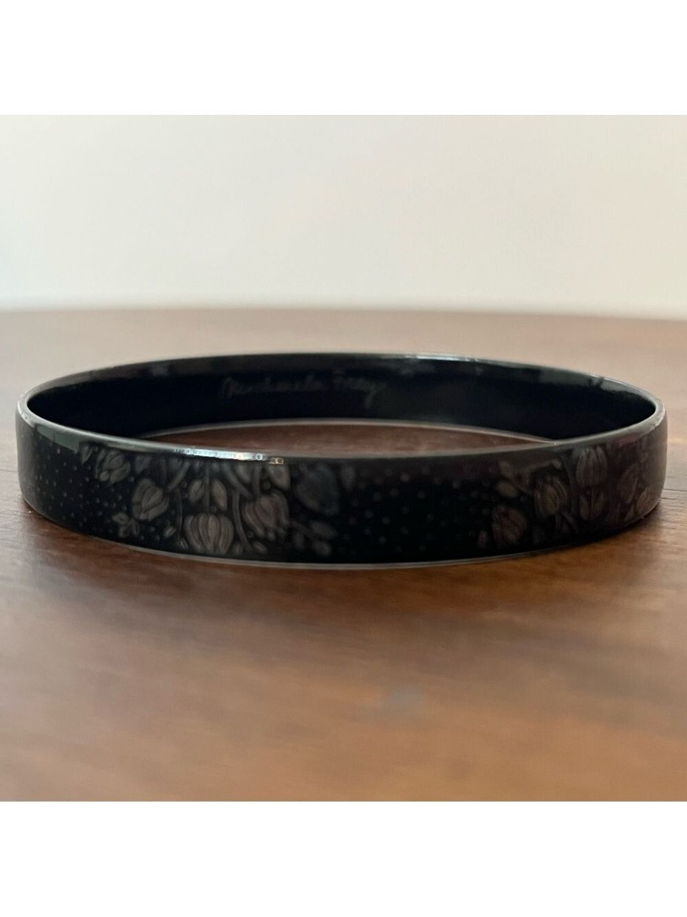 Michaela Frey Black Enamel Floral Bangle Bracelet Austrian Vintage Jewelry